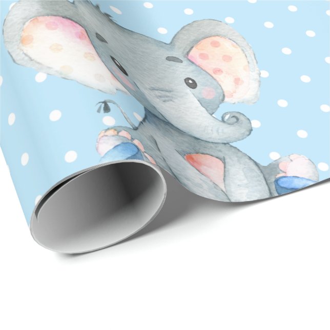 Personalized Name Elephant Baby Boy Blue and Gray Wrapping Paper (Roll Corner)