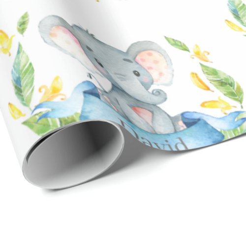 Personalized Name Elephant Baby Boy Blue and Gray Wrapping Paper