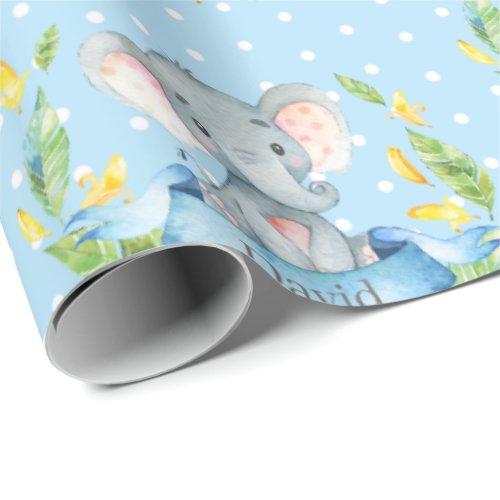 Personalized Name Elephant Baby Boy Blue and Gray Wrapping Paper