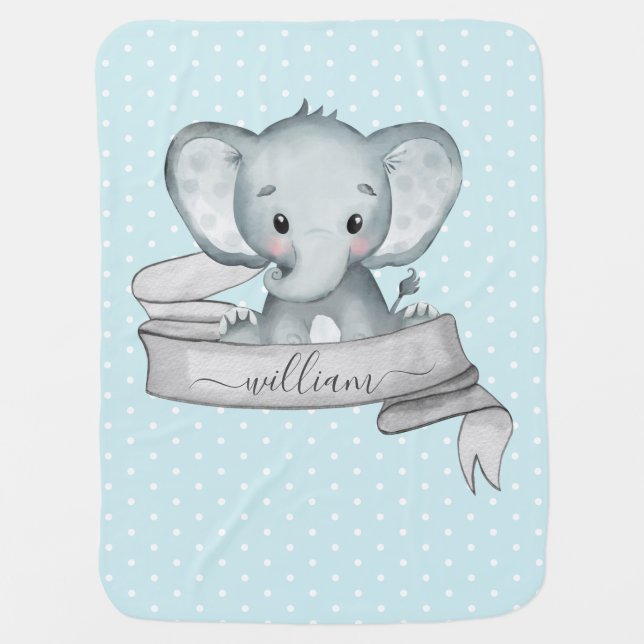Personalized Name Elephant Baby Boy Blue Blanket (Front)