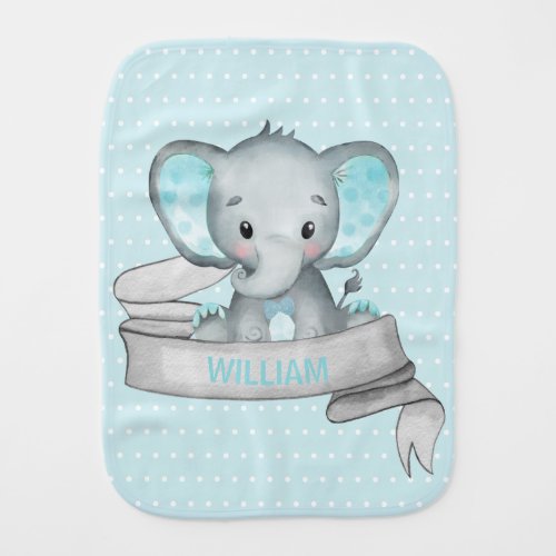 Personalized Name Elephant Baby Boy Blue  Gray Baby Burp Cloth