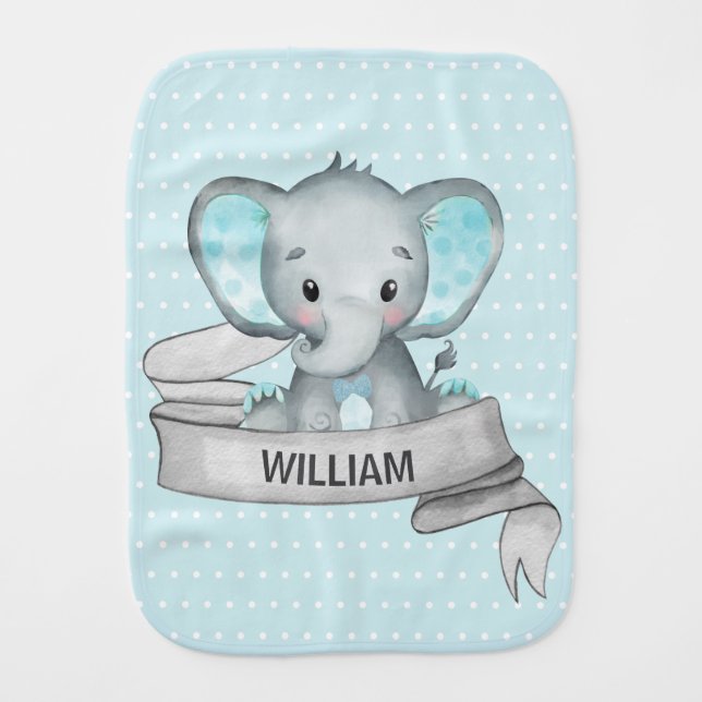 Personalized Name Elephant Baby Boy Blue & Gray Burp Cloth (Front)