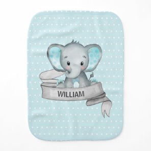 Personalized Name Elephant Baby Boy Blue & Gray Burp Cloth