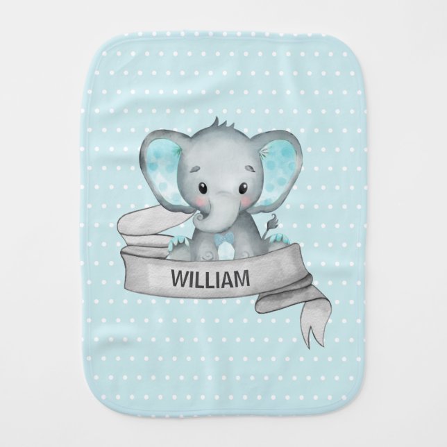 Personalized Name Elephant Baby Boy Blue & Gray Burp Cloth (Front)
