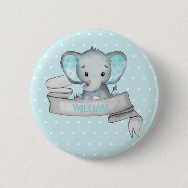 Personalized Name Elephant Baby Boy Blue & Gray Button (Front)
