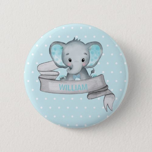 Personalized Name Elephant Baby Boy Blue  Gray Button