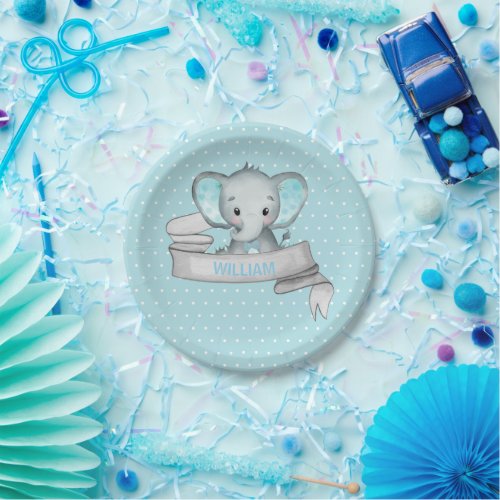 Personalized Name Elephant Baby Boy Blue  Gray Pa Paper Plates