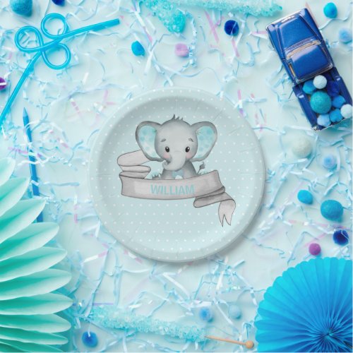 Personalized Name Elephant Baby Boy Blue  Gray Paper Plates
