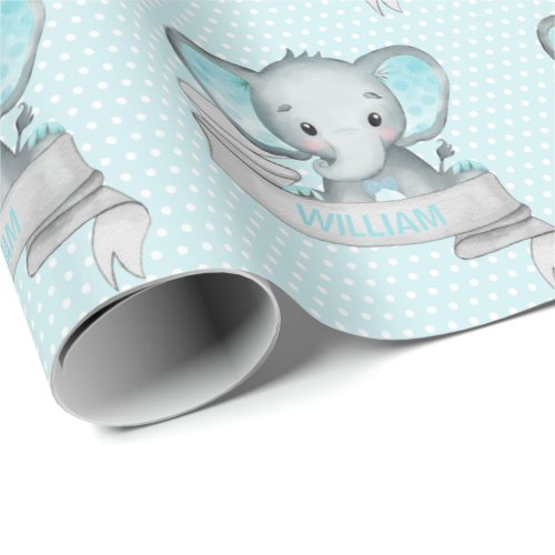 Personalized Name Elephant Baby Boy Blue  Gray Wrapping Paper