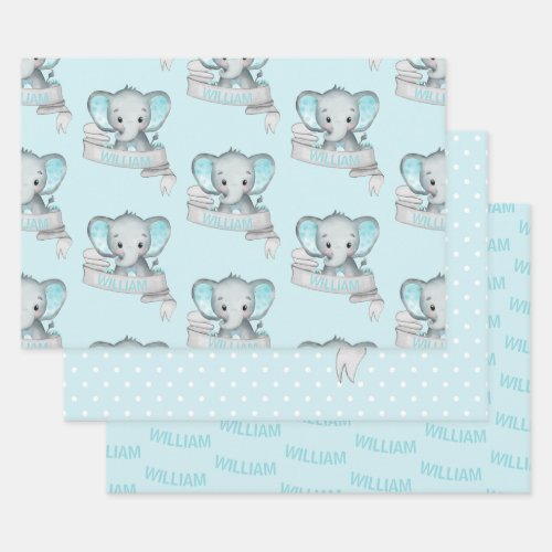 Personalized Name Elephant Baby Boy Blue Gray Wrapping Paper Sheets