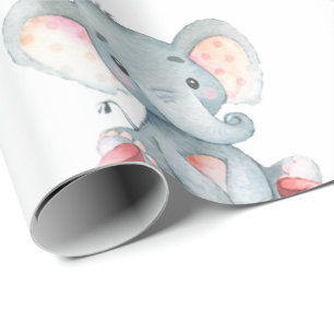 Personalized Name Elephant Baby Girl Pink and Gray Wrapping Paper