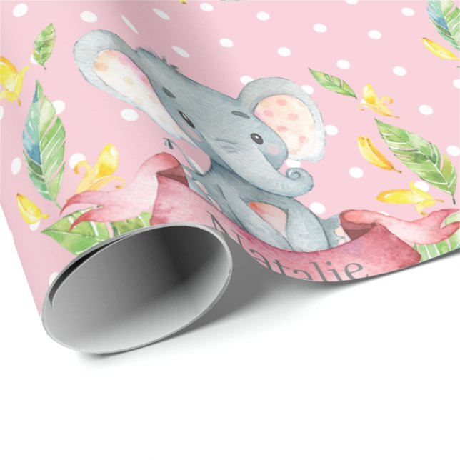 Personalized Name Elephant Baby Girl Pink and Gray Wrapping Paper (Roll Corner)