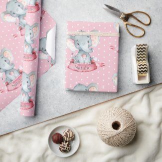Personalized Name Elephant Baby Girl Pink and Gray Wrapping Paper
