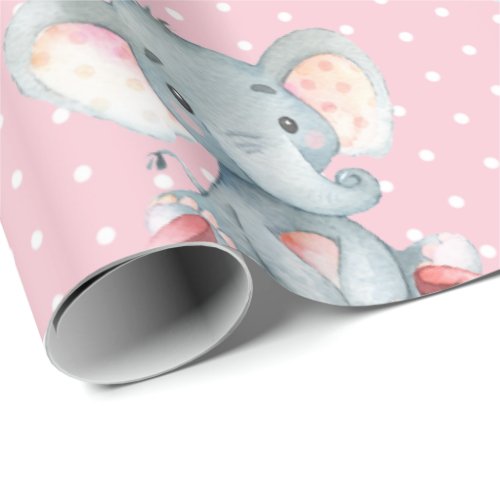 Personalized Name Elephant Baby Girl Pink and Gray Wrapping Paper