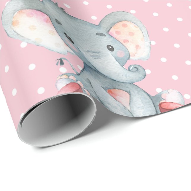 Personalized Name Elephant Baby Girl Pink and Gray Wrapping Paper (Roll Corner)