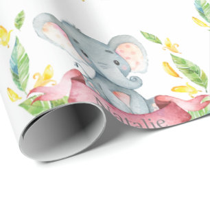 Personalized Name Elephant Baby Girl Pink and Gray Wrapping Paper