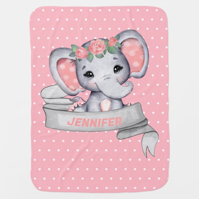 Personalized Name Elephant Baby Girl Pink Baby Blanket (Front)