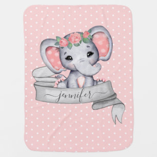 Personalized Name Elephant Baby Girl Pink Baby Blanket