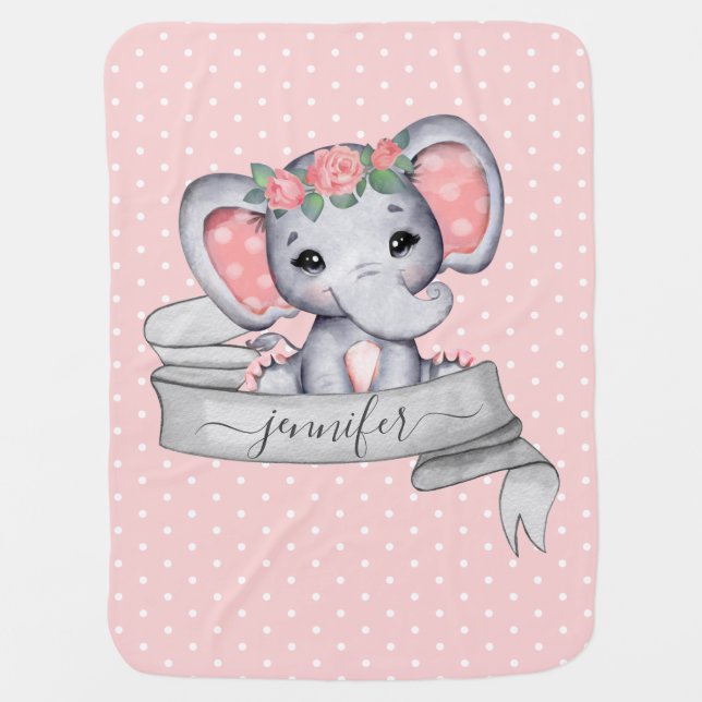 Personalized Name Elephant Baby Girl Pink  Baby Blanket (Front)