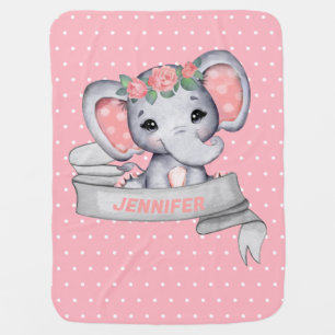 Personalized Name Elephant Baby Girl Pink Blanket