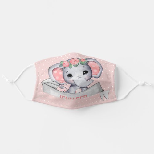 Personalized Name Elephant Baby Girl Pink  Gray Adult Cloth Face Mask