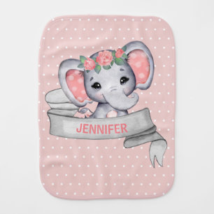 Personalized Name Elephant Baby Girl Pink & Gray Baby Burp Cloth