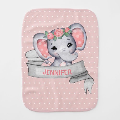 Personalized Name Elephant Baby Girl Pink  Gray Baby Burp Cloth