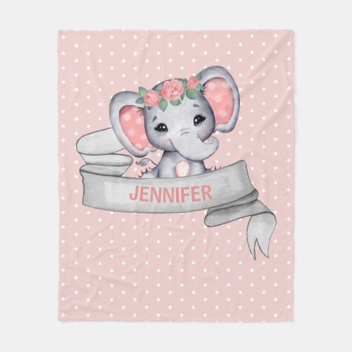 Personalized Name Elephant Baby Girl Pink  Gray Fleece Blanket