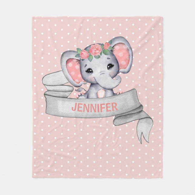 Personalized Name Elephant Baby Girl Pink & Gray Fleece Blanket (Front)