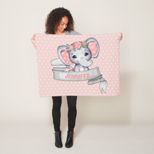 Personalized Name Elephant Baby Girl Pink  Gray Fleece Blanket