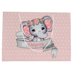 Personalized Name Elephant Baby Girl Pink &amp; Gray Large Gift Bag