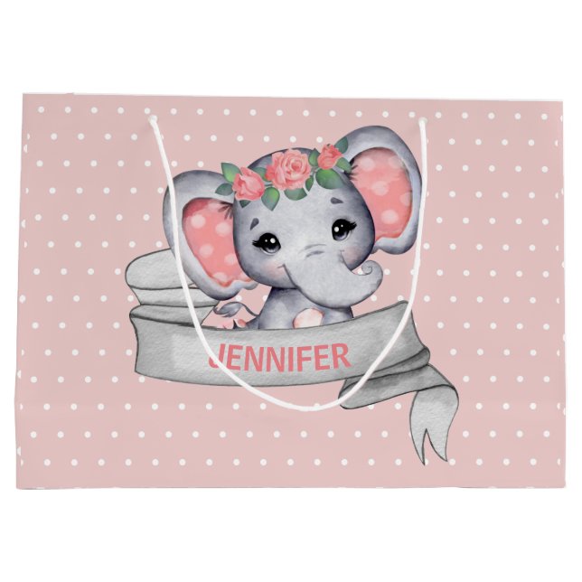 Personalized Name Elephant Baby Girl Pink & Gray Large Gift Bag (Back)