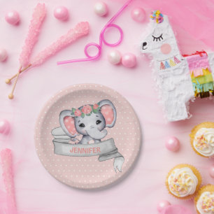 Personalized Name Elephant Baby Girl Pink & Gray P Paper Plates