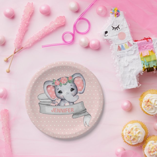 Personalized Name Elephant Baby Girl Pink & Gray P Paper Plates (Party)