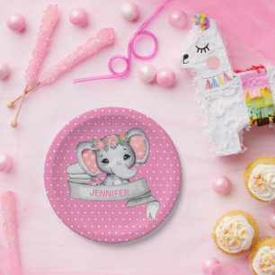 Personalized Name Elephant Baby Girl Pink & Gray P Paper Plates