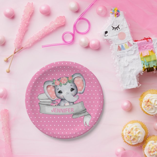 Personalized Name Elephant Baby Girl Pink & Gray P Paper Plates (Party)