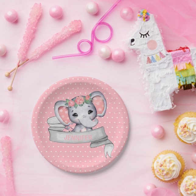 Personalized Name Elephant Baby Girl Pink & Gray Paper Plates (Party)