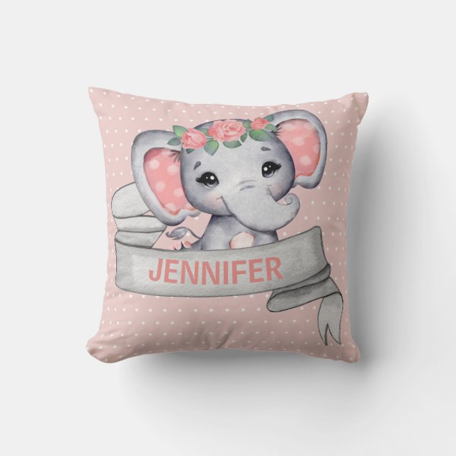 Personalized Name Elephant Baby Girl Pink & Gray Throw Pillow (Front)