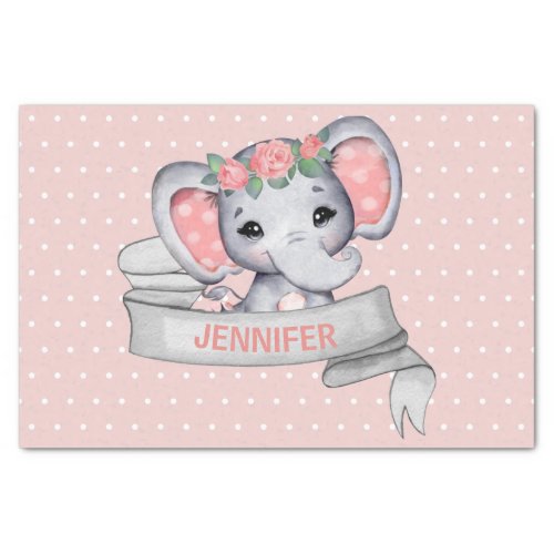 Personalized Name Elephant Baby Girl Pink  Gray Tissue Paper