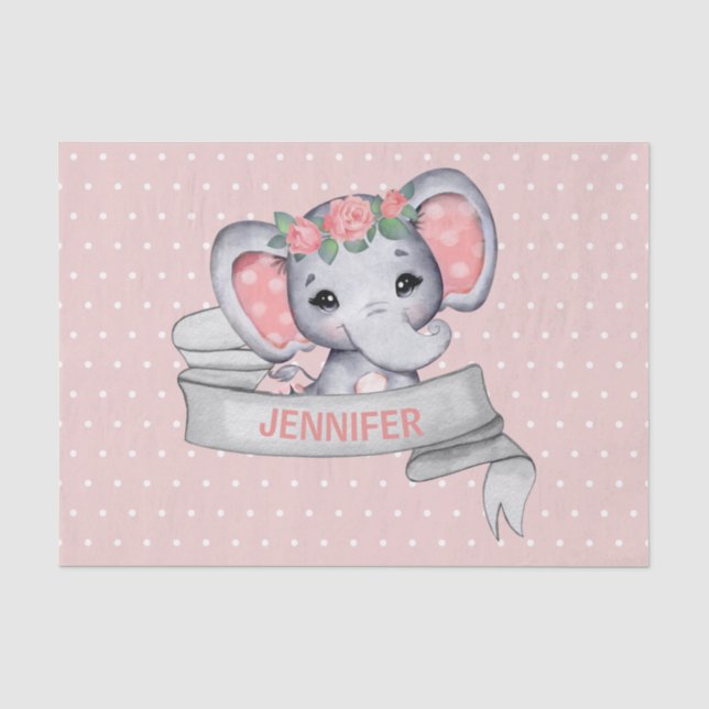 Personalized Name Elephant Baby Girl Pink & Gray Tissue Paper (Front)