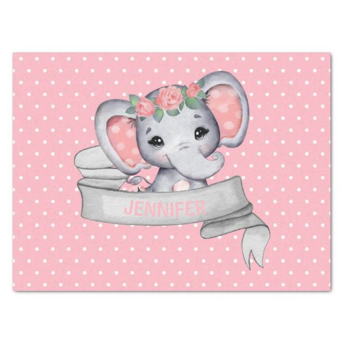 Personalized Name Elephant Baby Girl Pink  Gray Tissue Paper