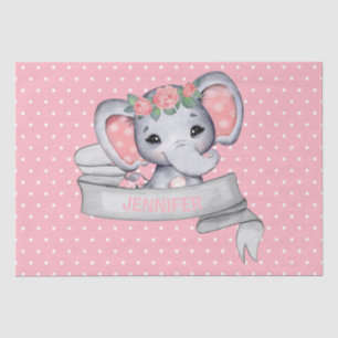 Personalized Name Elephant Baby Girl Pink & Gray Tissue Paper