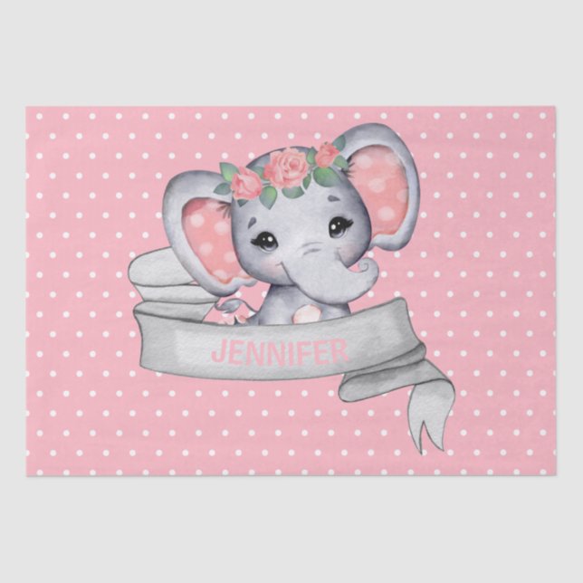 Personalized Name Elephant Baby Girl Pink & Gray Tissue Paper (Front)