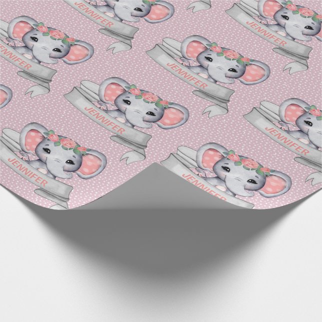 Personalized Name Elephant Baby Girl Pink & Gray W Wrapping Paper (Corner)
