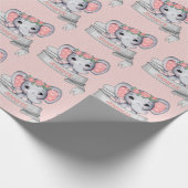 Personalized Name Elephant Baby Girl Pink & Gray Wrapping Paper (Corner)