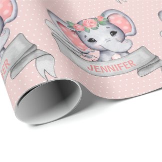 Personalized Name Elephant Baby Girl Pink & Gray Wrapping Paper