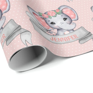 Personalized Name Elephant Baby Girl Pink & Gray Wrapping Paper