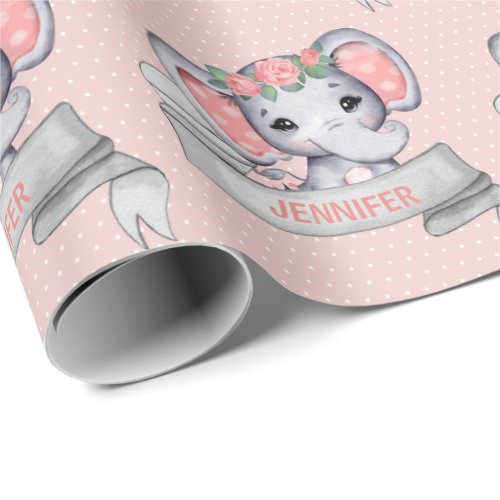 Personalized Name Elephant Baby Girl Pink  Gray Wrapping Paper