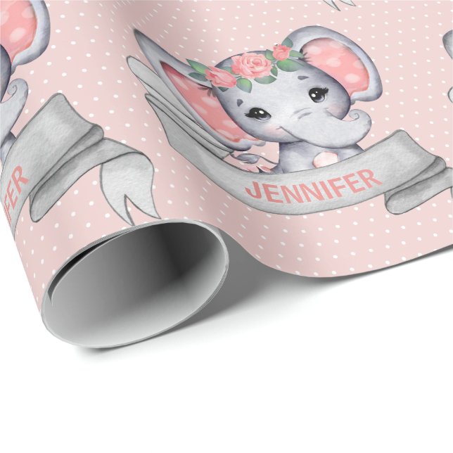 Personalized Name Elephant Baby Girl Pink & Gray Wrapping Paper (Roll Corner)