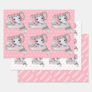 Personalized Name Elephant Baby Girl Pink Pattern Wrapping Paper Sheets